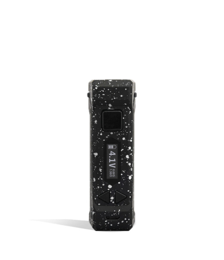 Black White Spatter Wulf Mods UNI Pro Adjustable 510 Thread Battery Face View on White Background