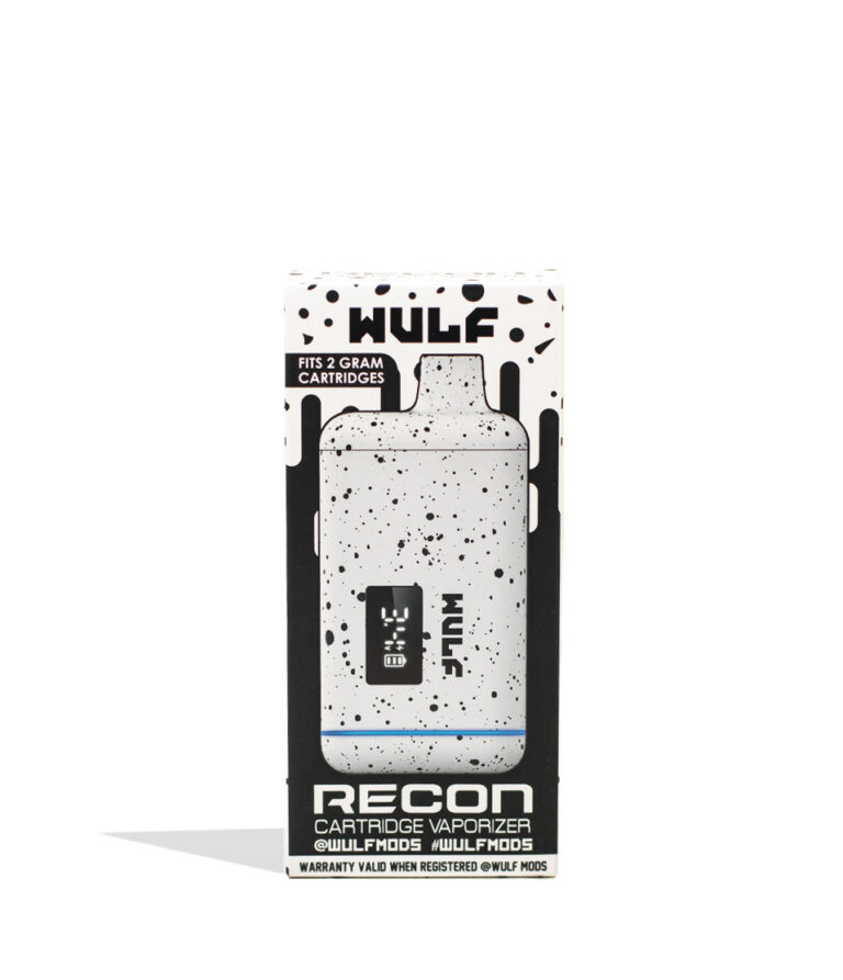 White Black Spatter Wulf Mods Recon 510 Thread Battery Packaging Front View on White Background