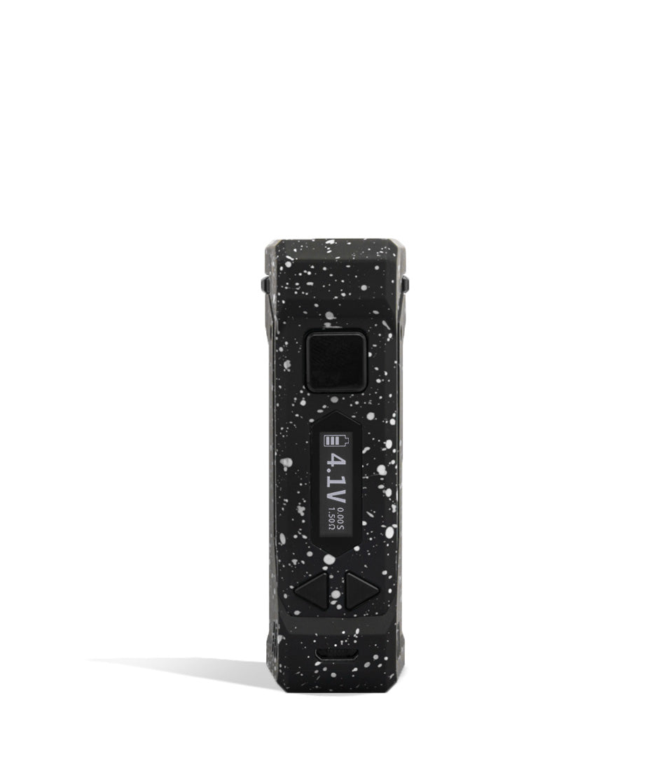 Black White Spatter Wulf Mods UNI Pro Adjustable 510 Thread Battery Face View on White Background
