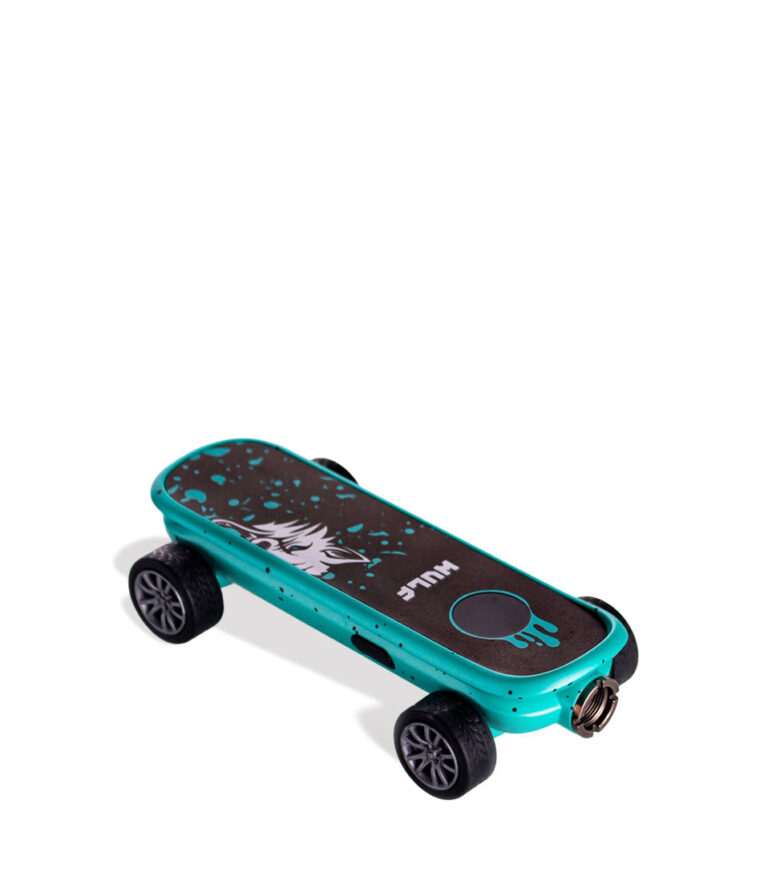 Teal Black Spatter Wulf Mods Deck Skateboard Voltage Battery Down View on White Background