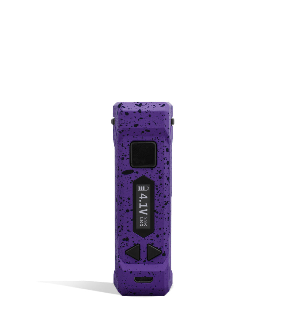 Purple Black Spatter Wulf Mods UNI Pro Adjustable 510 Thread Battery Face View on White Background