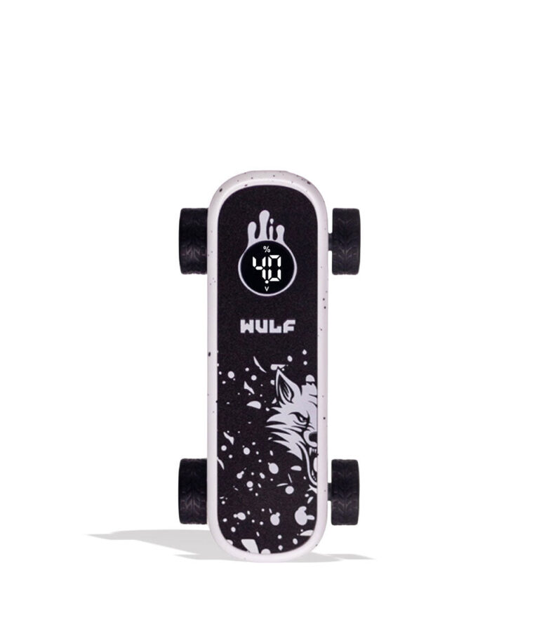 Black and white skateboard vaporizer with 'WULF' branding on a white background