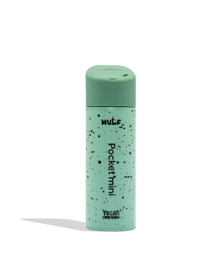 WULF MODS Pocket Mini portable concentrate vaporizer in teal/mint with black spatter pattern details, featuring a vertical rainbow LED indicator light on the side, shown against a plain white background. Back view