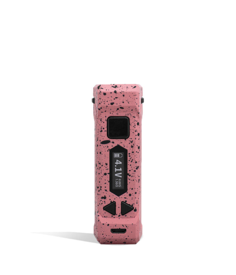 Pink Black Spatter Wulf Mods UNI Pro Adjustable 510 Thread Battery Face View on White Background