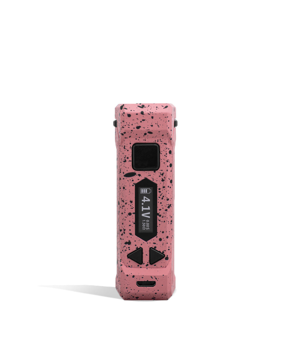 Pink Black Spatter Wulf Mods UNI Pro Adjustable 510 Thread Battery Face View on White Background