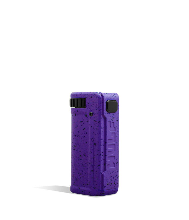 Purple Black Spatter Wulf Mods UNI S Adjustable 510 Thread Battery Front View on White Background