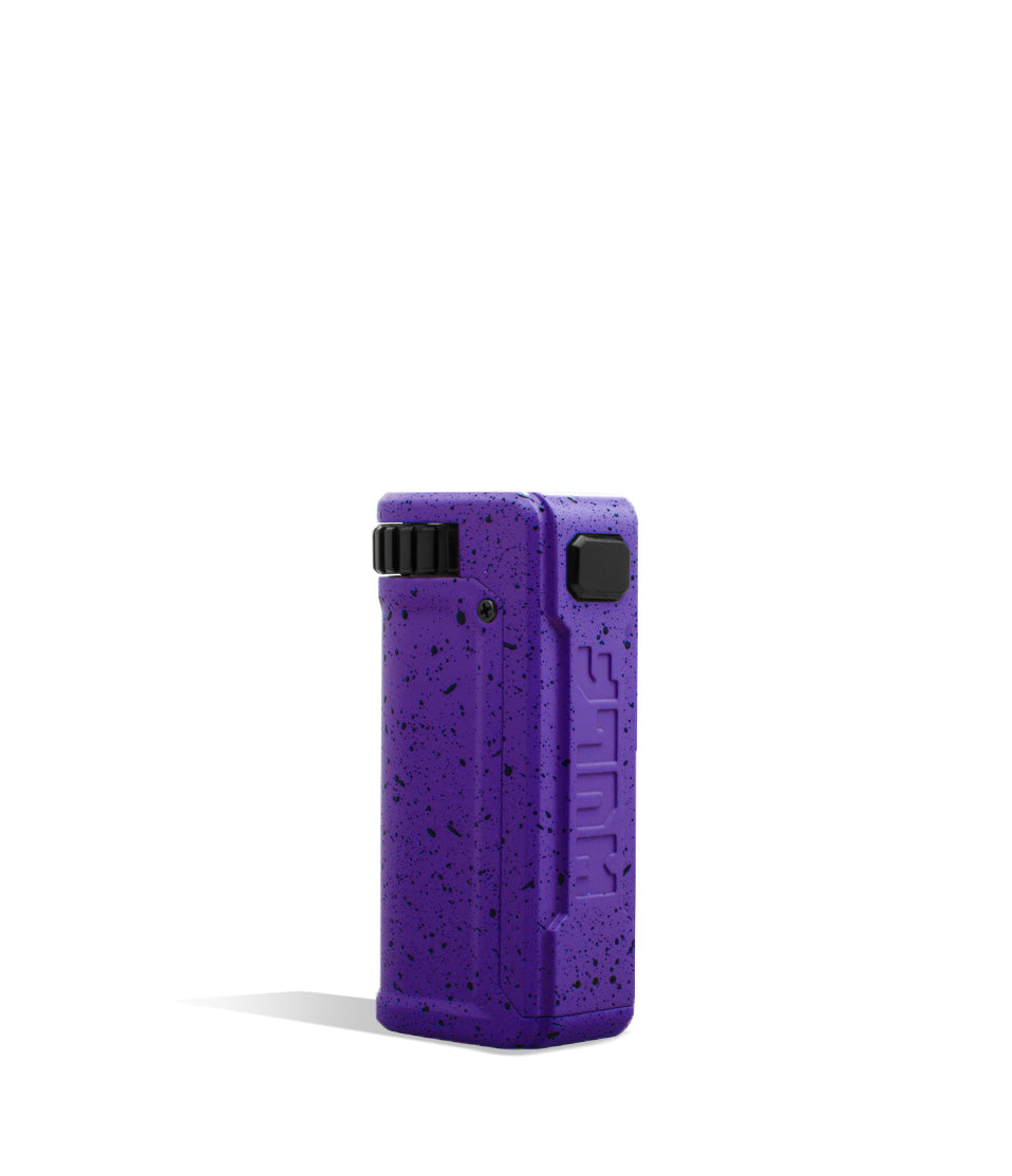 Purple Black Spatter Wulf Mods UNI S Adjustable 510 Thread Battery Front View on White Background