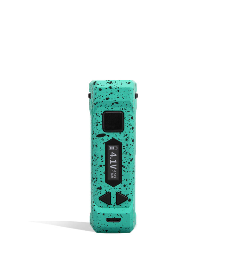 Teal Black Spatter Wulf Mods UNI Pro Adjustable 510 Thread Battery Face View on White Background