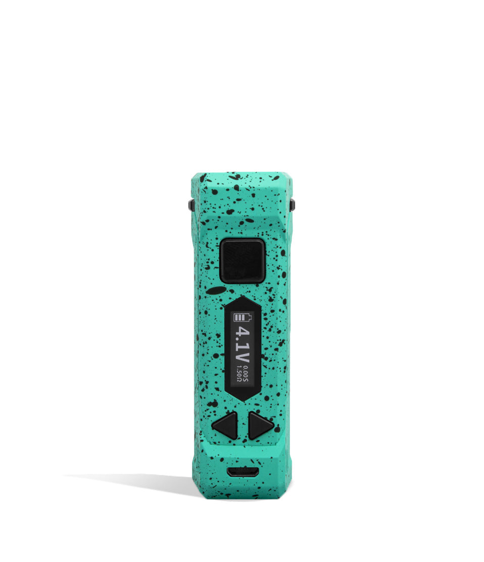 Teal Black Spatter Wulf Mods UNI Pro Adjustable 510 Thread Battery Face View on White Background