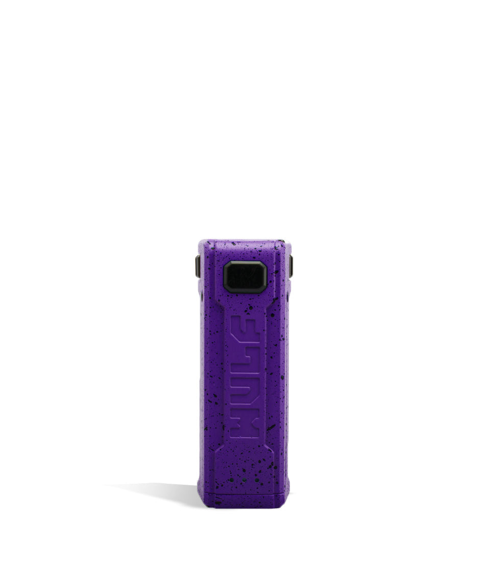 Purple Black Spatter Wulf Mods UNI S Face View Adjustable 510 Thread Battery on White Background