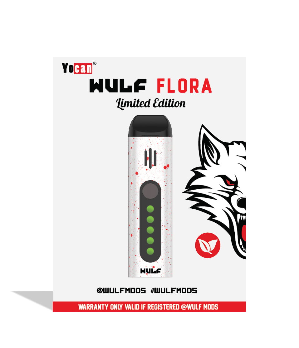 White Red Spatter packaging Wulf Mods Flora Portable Dry Herb Vaporizer on white background