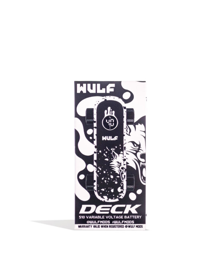 White Black Spatter Wulf Mods Deck Skateboard Voltage Battery Packaging Front View on White Background