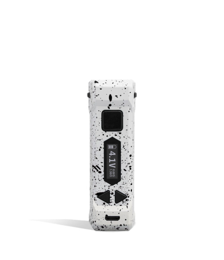White Black Spatter Wulf Mods UNI Pro Adjustable 510 Thread Battery Face View on White Background