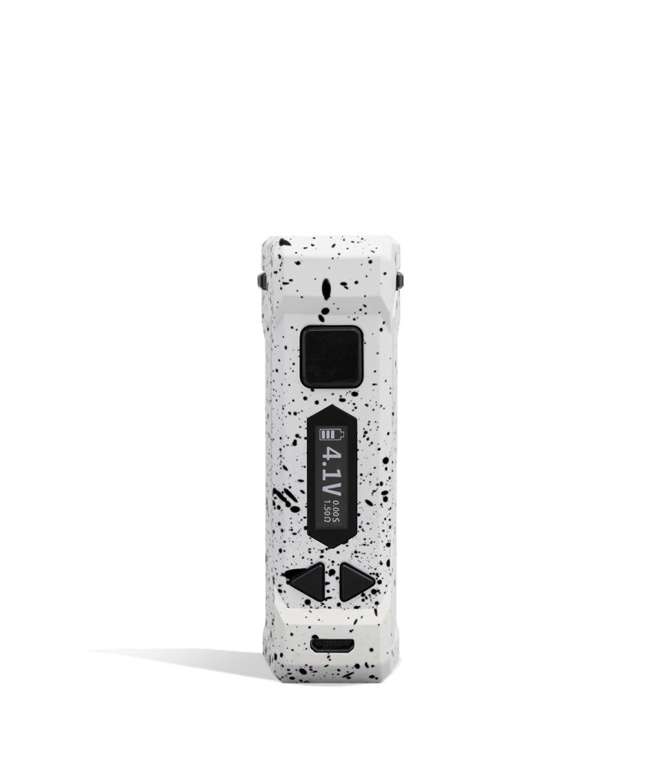 White Black Spatter Wulf Mods UNI Pro Adjustable 510 Thread Battery Face View on White Background