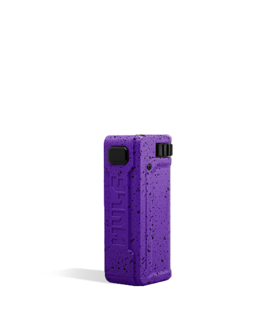 Purple Black Spatter Wulf Mods UNI S Adjustable 510 Thread Battery Side View on White Background