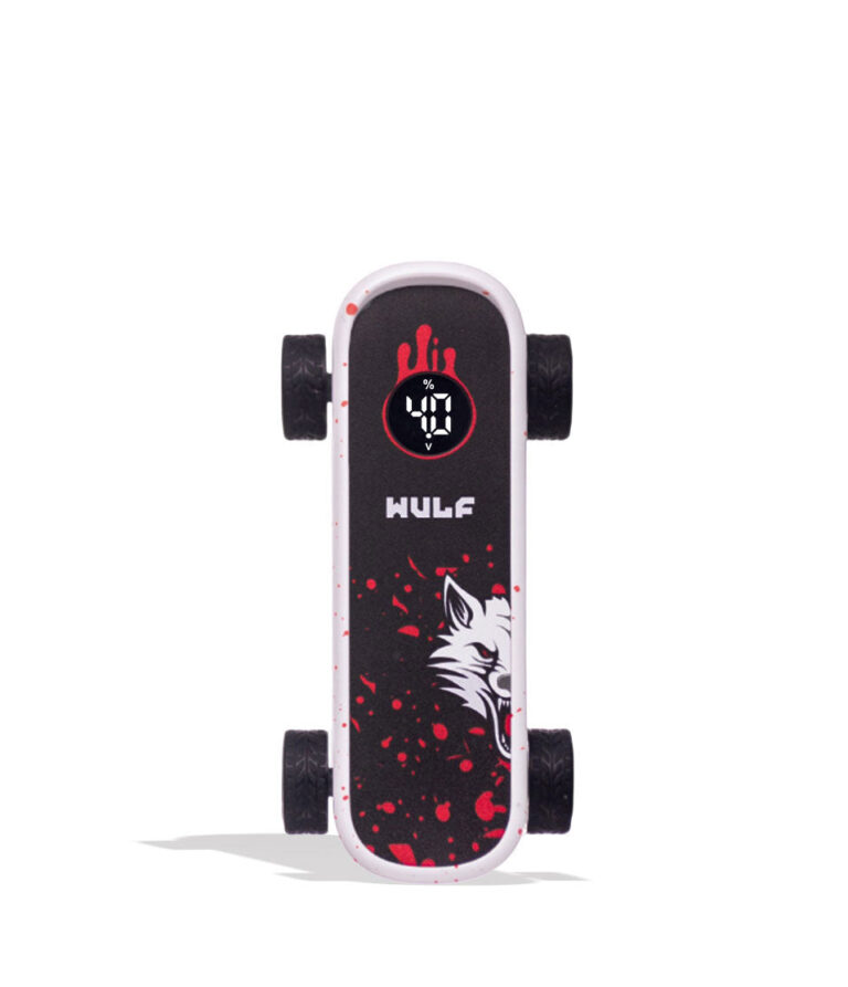 A miniature fingerboard skateboard cartridge vaporizer 510 battery with a black grip tape deck featuring a red wolf graphic, red splatters, a digital display showing '40', and the brand name 'WULF' printed in white. It has a white plastic frame and black wheels, shown on a clean white background with a soft shadow.