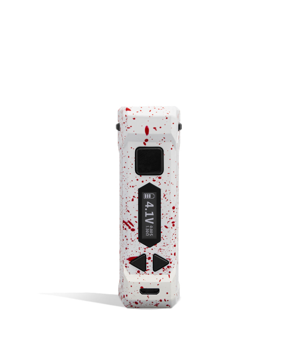 White Red Spatter Wulf Mods UNI Pro Adjustable 510 Thread Battery Face View on White Background