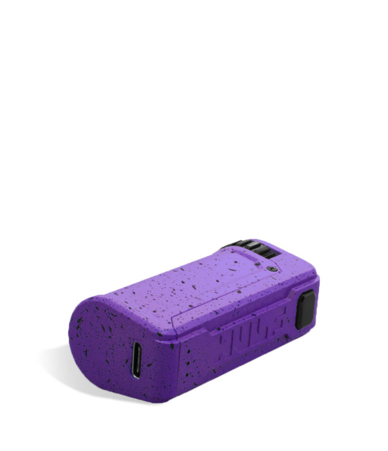 Purple Black Spatter Wulf Mods UNI S Bottom View Adjustable 510 Thread Battery on White Background