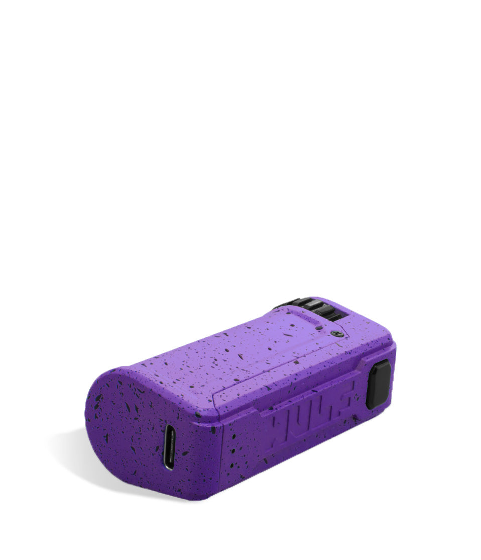 Purple Black Spatter Wulf Mods UNI S Bottom View Adjustable 510 Thread Battery on White Background