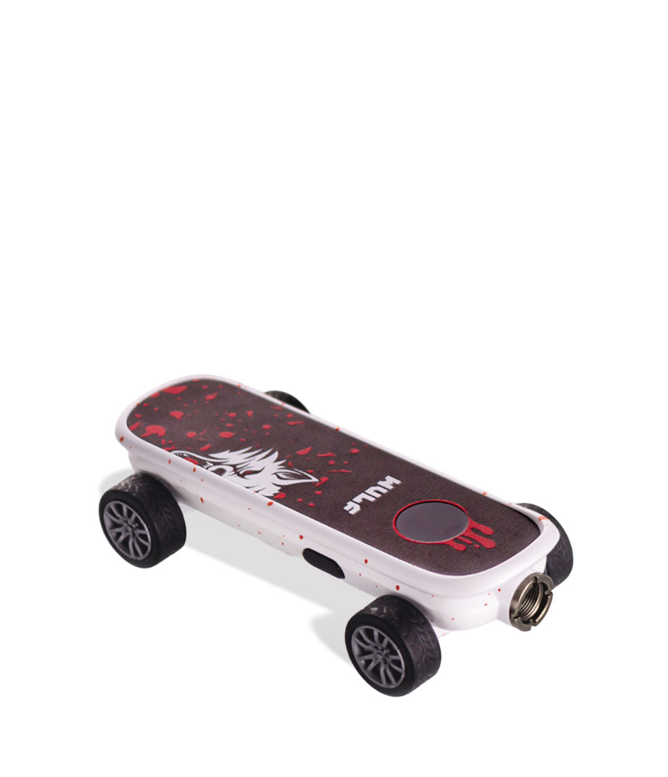 White Red Spatter Wulf Mods Deck Skateboard Voltage Battery Down View on White Background