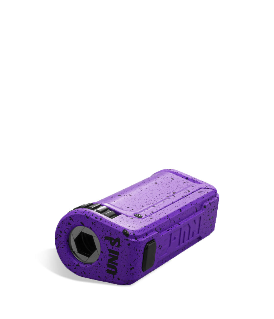 Purple Black Spatter Wulf Mods UNI S Adjustable 510 Thread Battery Top View on White Background