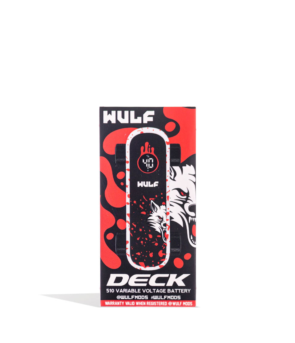 White Red Spatter Wulf Mods Deck Skateboard Voltage Battery Packaging Front View on White Background