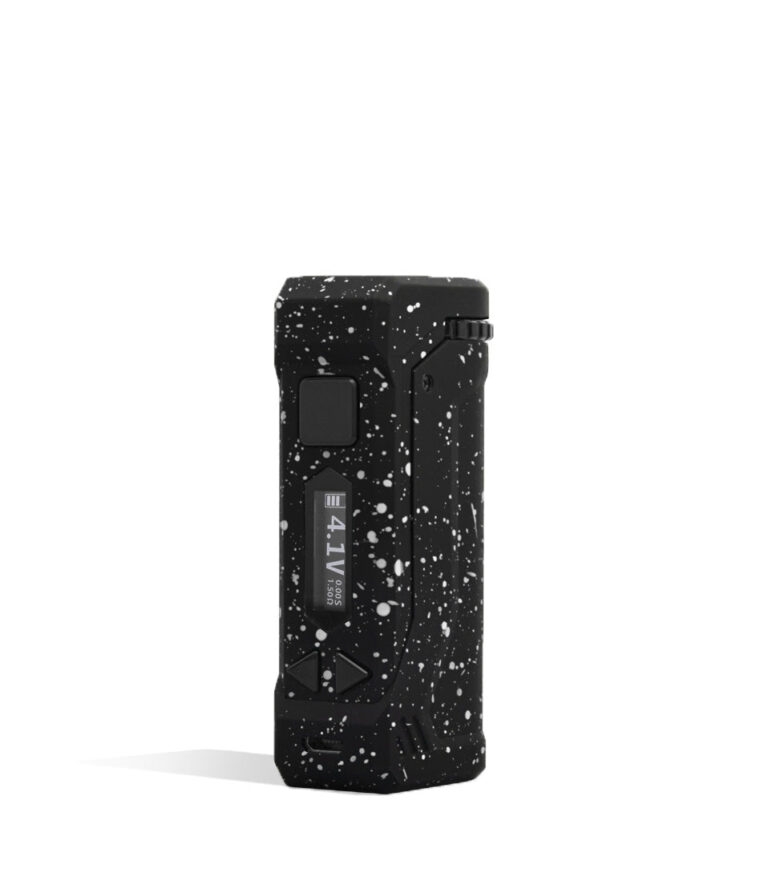 Black White Spatter Wulf Mods UNI Pro Adjustable 510 Thread Battery Front 2 View on White Background