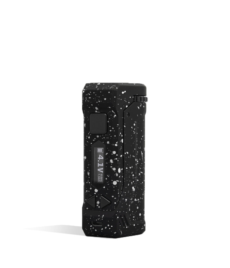Black White Spatter Wulf Mods UNI Pro Adjustable 510 Thread Battery Front 2 View on White Background