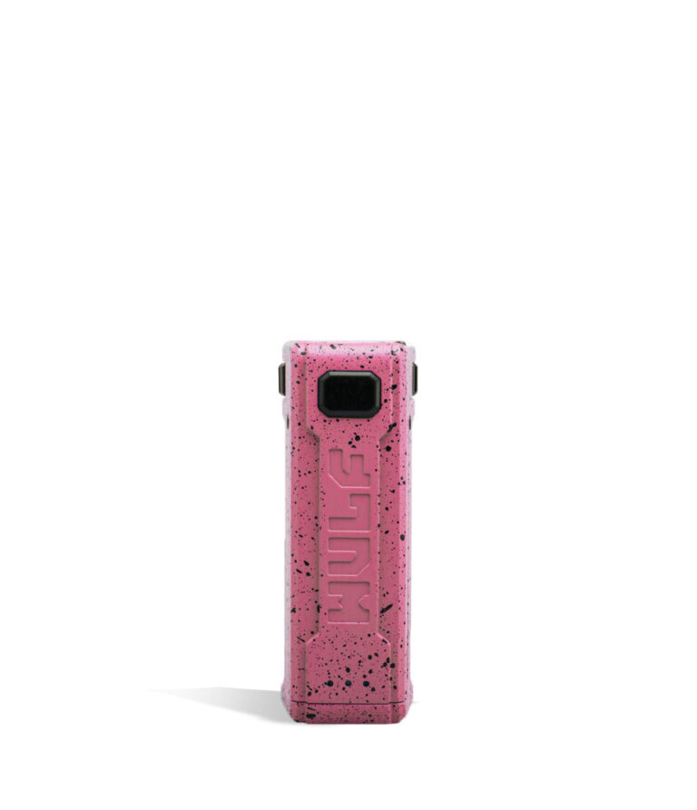 Pink Black Spatter Wulf Mods UNI S Face View Adjustable 510 Thread Battery on White Background