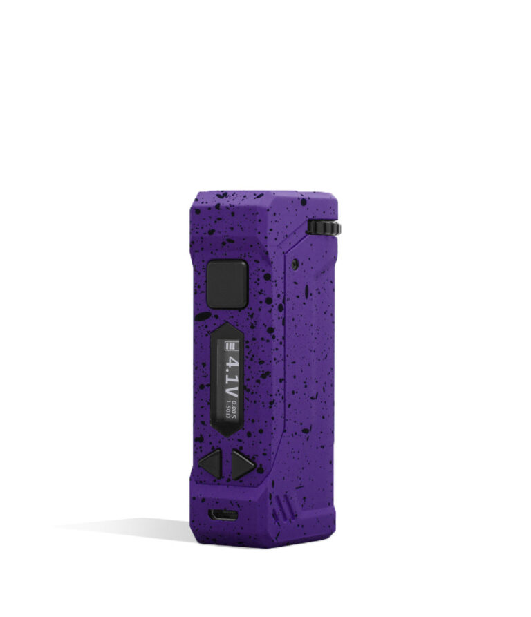 Purple Black Spatter Wulf Mods UNI Pro Adjustable 510 Thread Battery Front 2 View on White Background