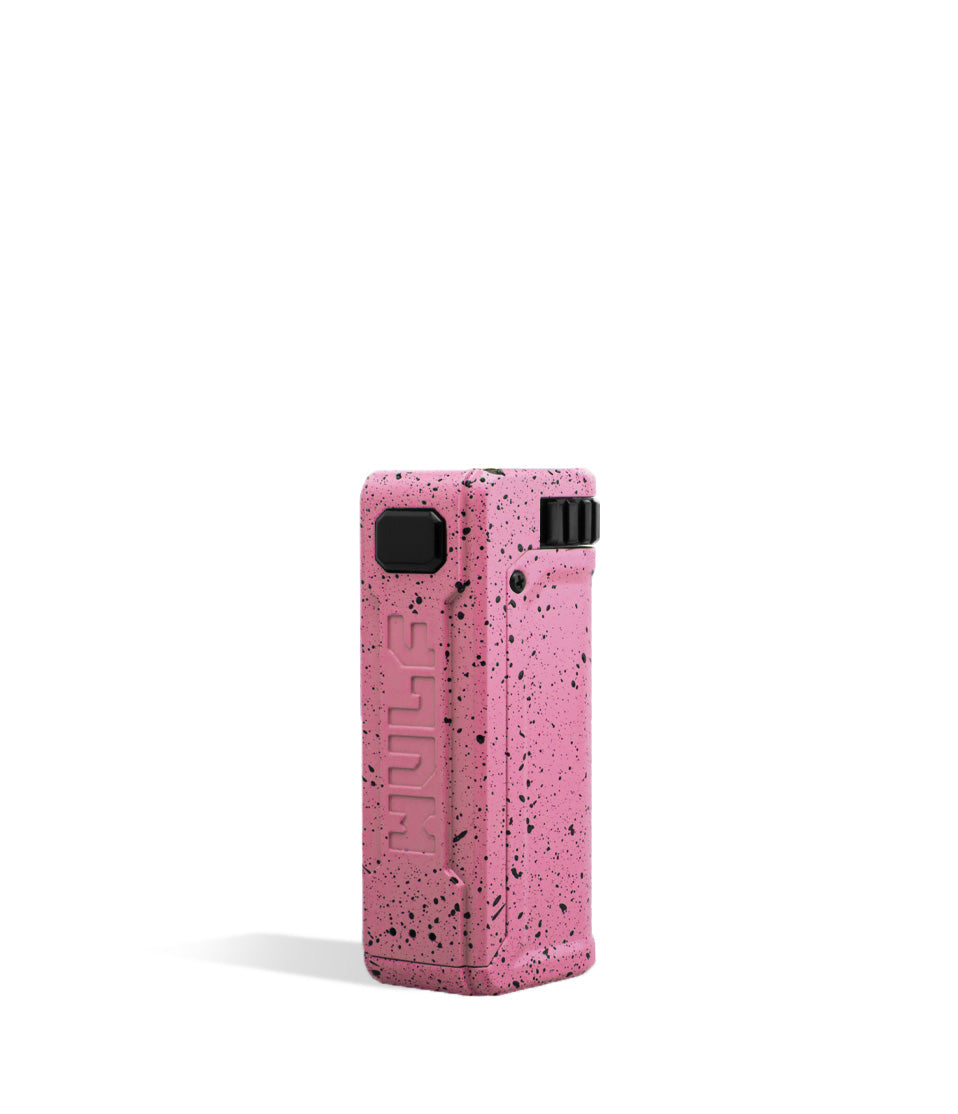 Pink Black Spatter Wulf Mods UNI S Adjustable 510 Thread Battery Side View on White Background