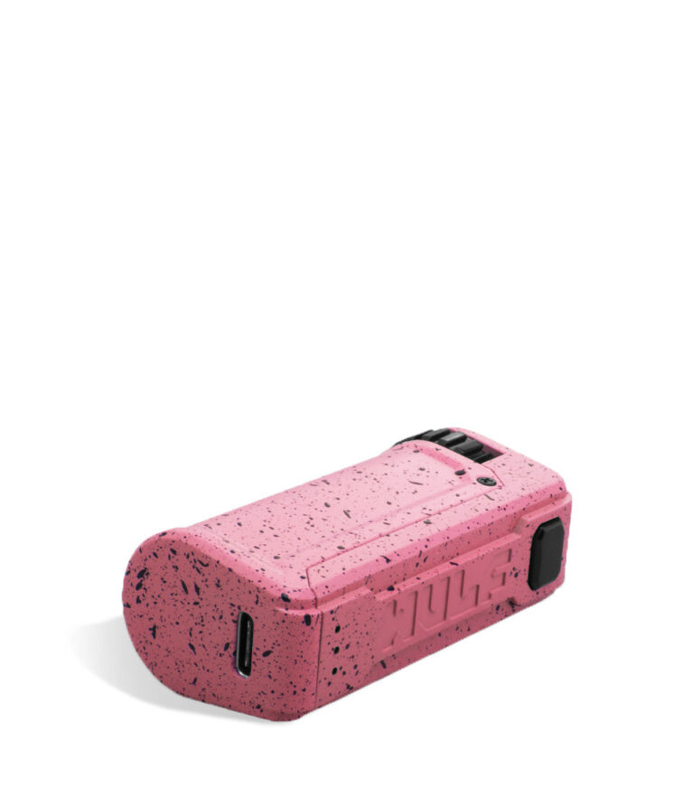 Pink Black Spatter Wulf Mods UNI S Bottom View Adjustable 510 Thread Battery on White Background
