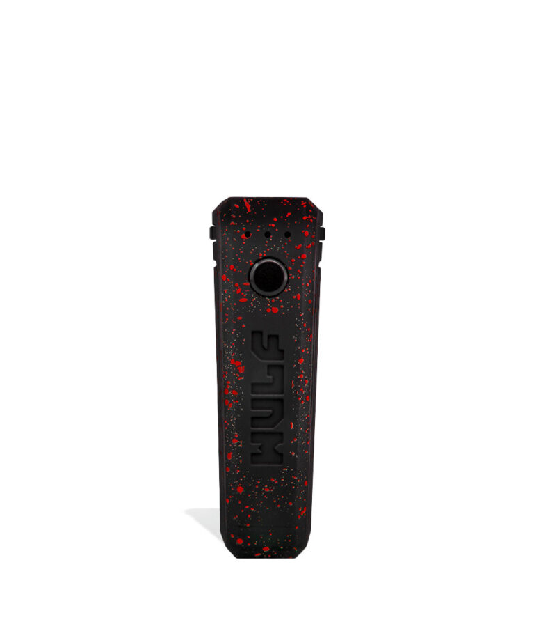 Black Red Spatter Wulf Mods UNI Adjustable 510 Thread Battery Face View on White Background