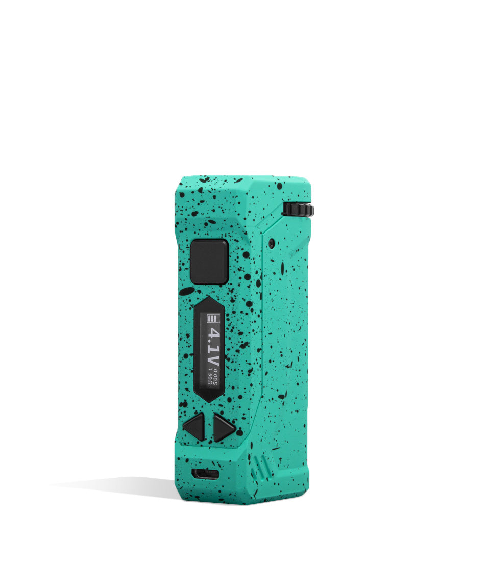 Teal Black Spatter Wulf Mods UNI Pro Adjustable 510 Thread Battery Front 2 View on White Background