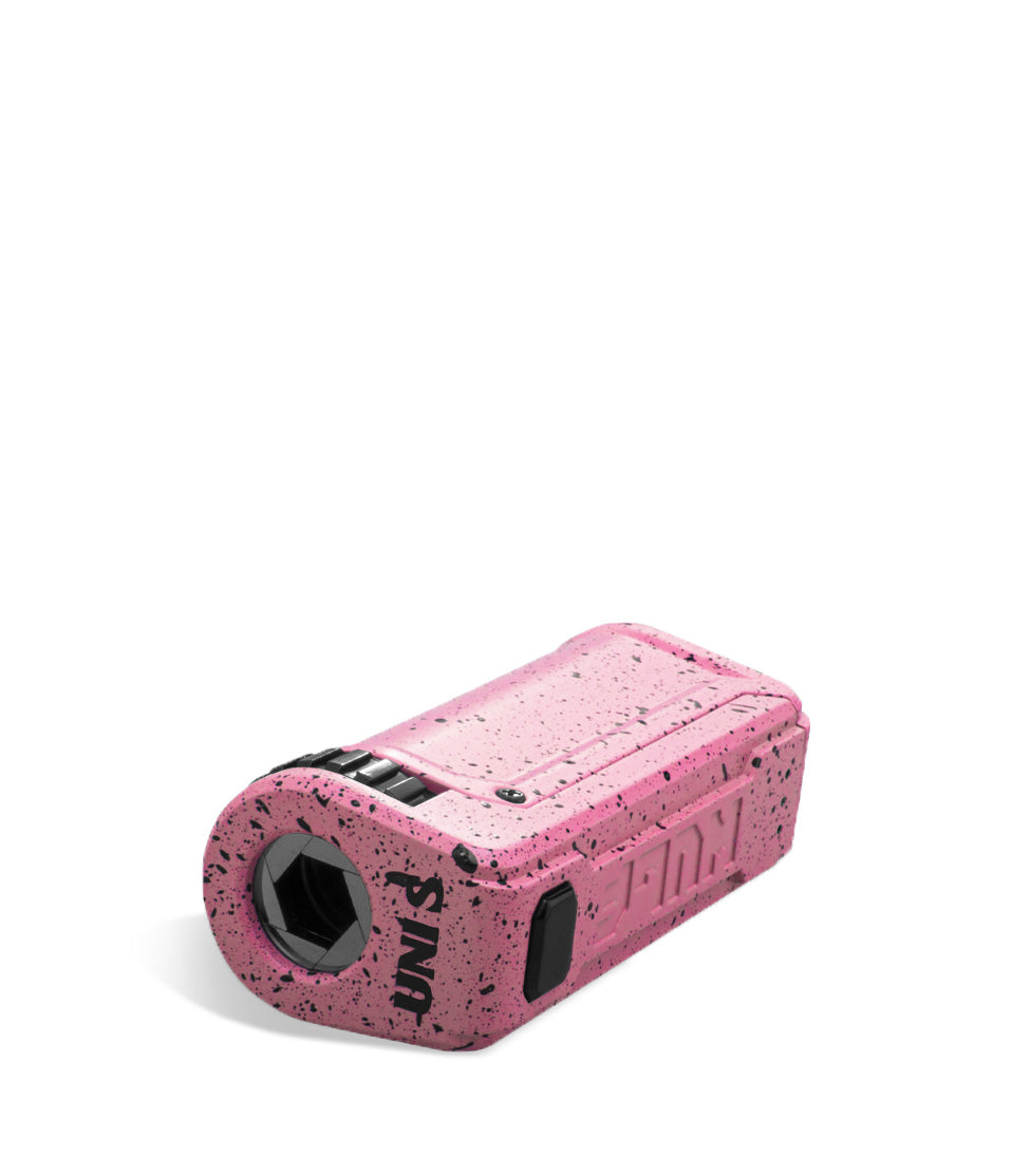 Pink Black Spatter Wulf Mods UNI S Adjustable 510 Thread Battery Top View on White Background