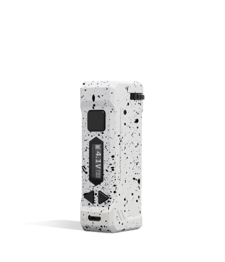 White Black Spatter Wulf Mods UNI Pro Adjustable 510 Thread Battery Front 2 View on White Background