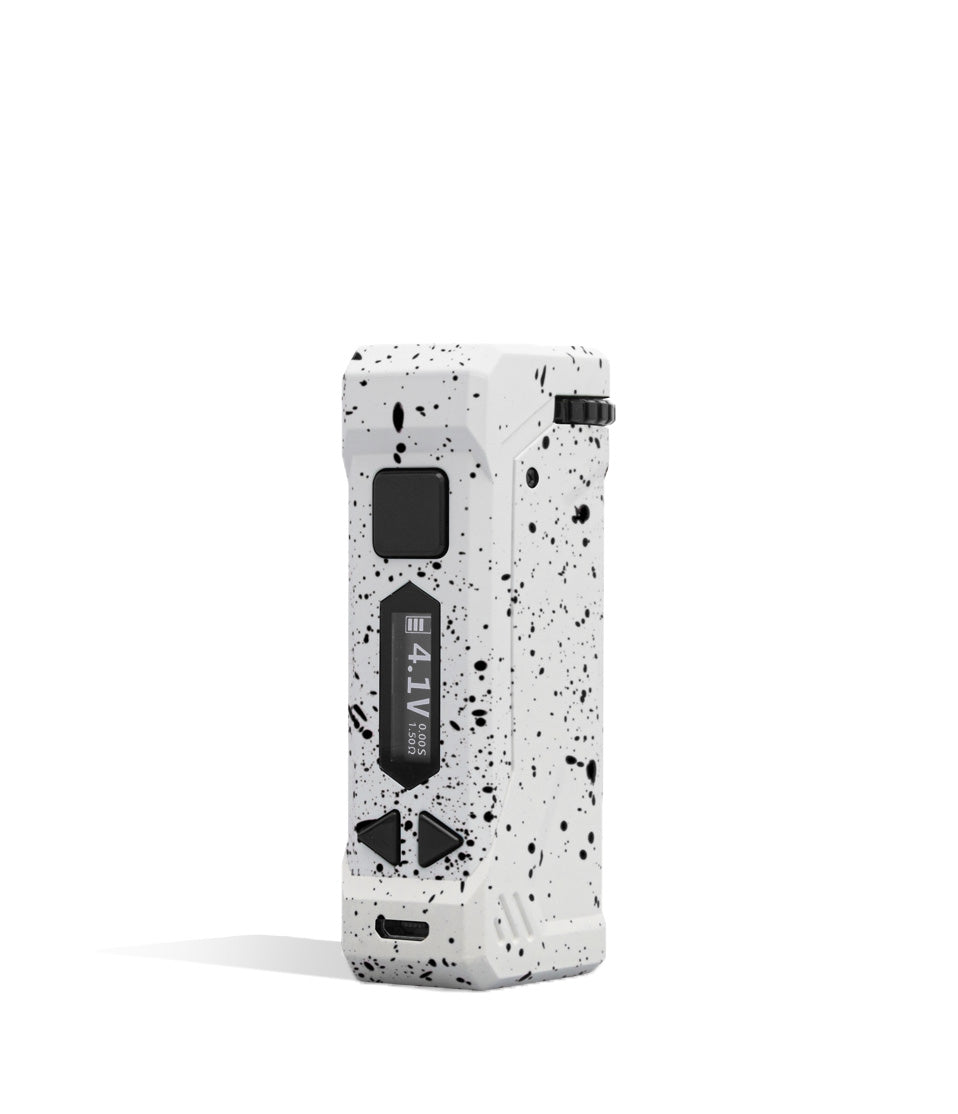 White Black Spatter Wulf Mods UNI Pro Adjustable 510 Thread Battery Front 2 View on White Background