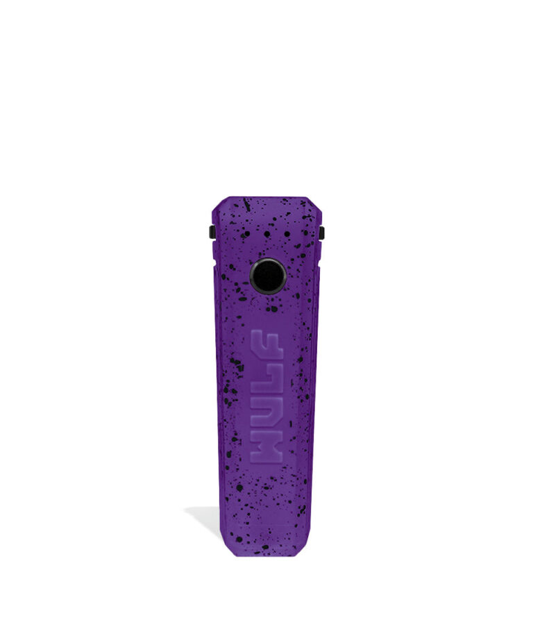 Purple Black Spatter Wulf Mods UNI Adjustable 510 Thread Battery Face View on White Background
