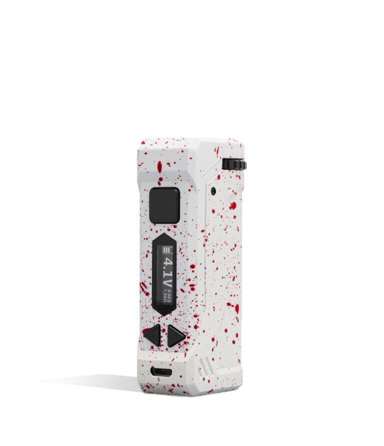 White Red Spatter Wulf Mods UNI Pro Adjustable 510 Thread Battery Front 2 View on White Background