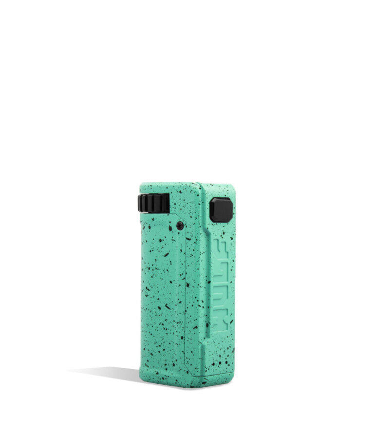 Teal Black Spatter Wulf Mods UNI S Adjustable 510 Thread Battery Front View on White Background