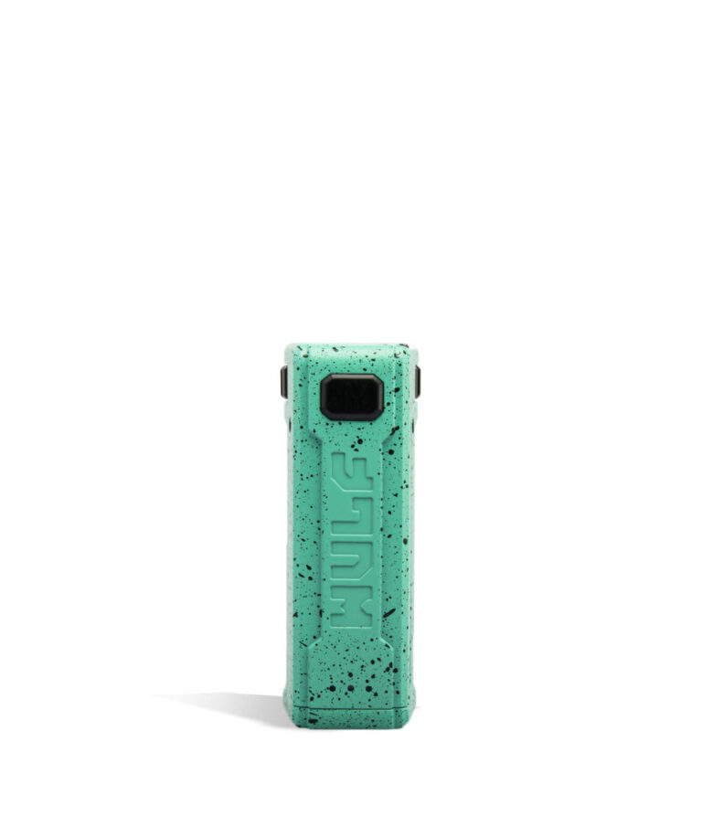Teal Black Spatter Wulf Mods UNI S Face View Adjustable 510 Thread Battery on White Background