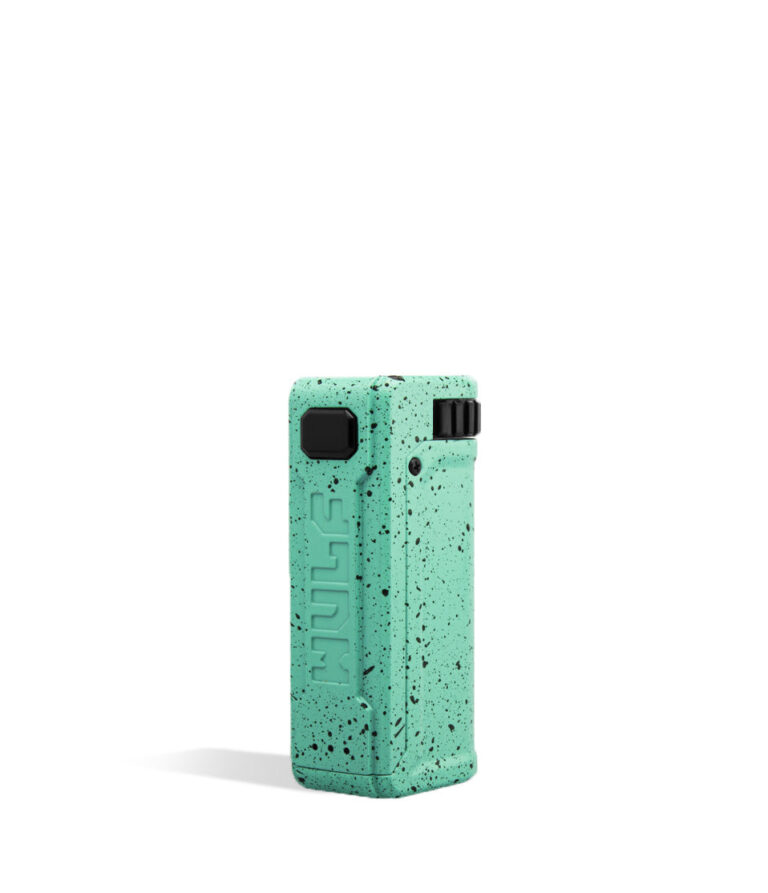 Teal Black Spatter Wulf Mods UNI S Adjustable 510 Thread Battery Side View on White Background