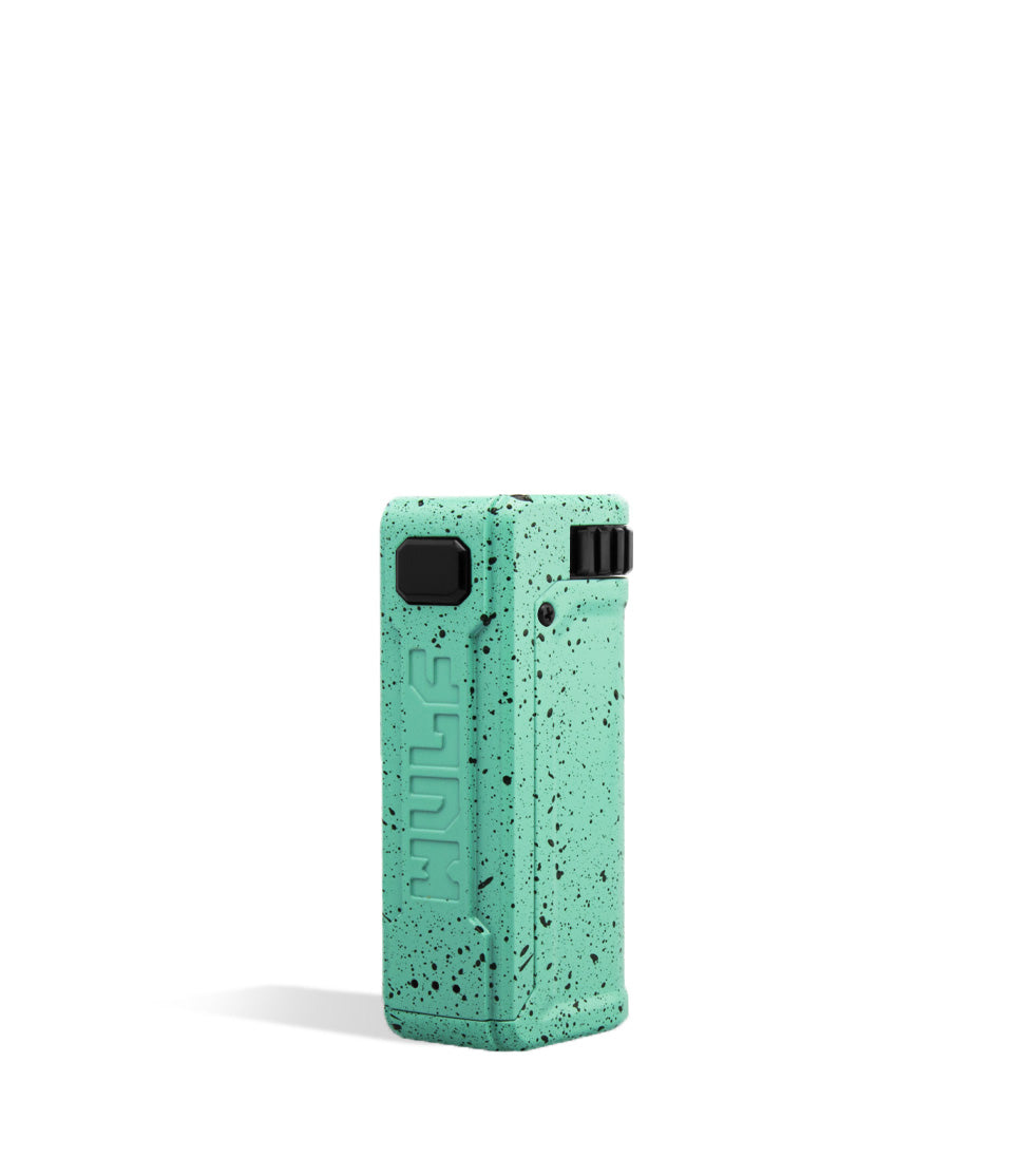 Teal Black Spatter Wulf Mods UNI S Adjustable 510 Thread Battery Side View on White Background