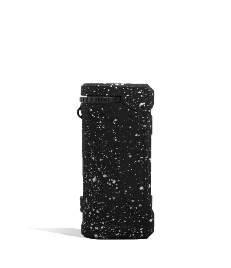 Black White Spatter Wulf Mods UNI Pro Adjustable 510 Thread Battery Side View on White Background