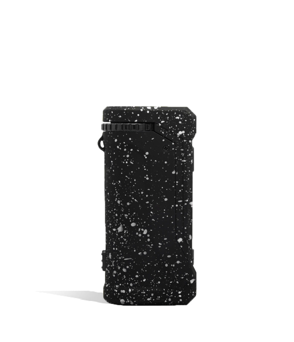 Black White Spatter Wulf Mods UNI Pro Adjustable 510 Thread Battery Side View on White Background