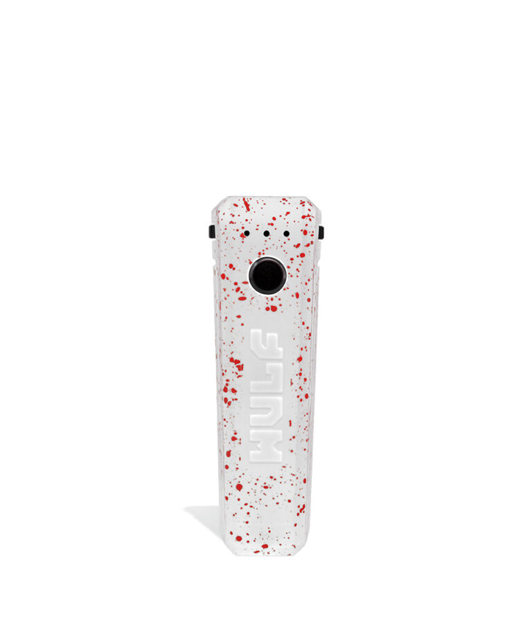 White Red Spatter Wulf Mods UNI Adjustable 510 Thread Battery Face View on White Background