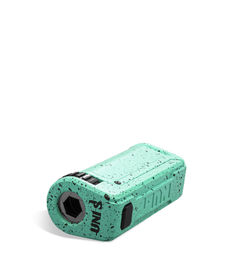 Teal Black Spatter Wulf Mods UNI S Adjustable 510 Thread Battery Top View on White Background