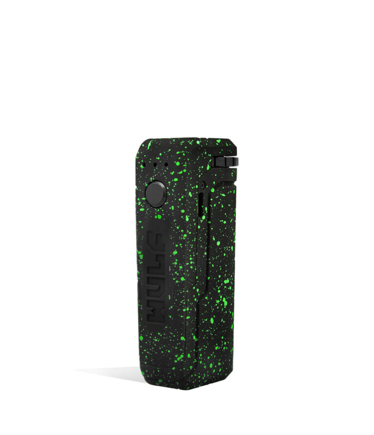 Black Green Spatter Wulf Mods UNI Adjustable 510 Thread Battery Side 1 View on White Background