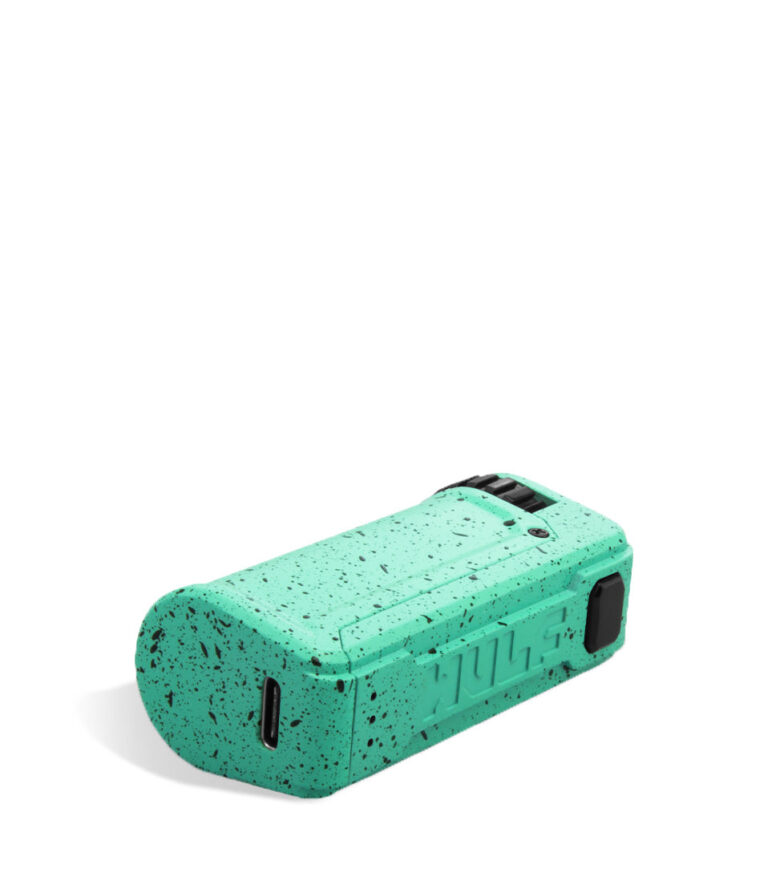 Teal Black Spatter Wulf Mods UNI S Bottom View Adjustable 510 Thread Battery on White Background