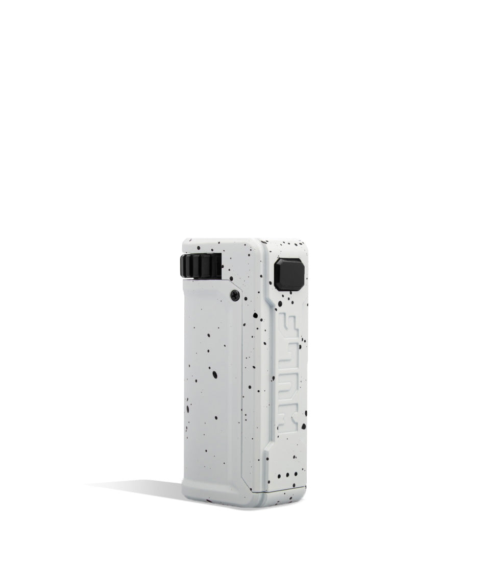 White Black Spatter Wulf Mods UNI S Adjustable 510 Thread Battery Front View on White Background